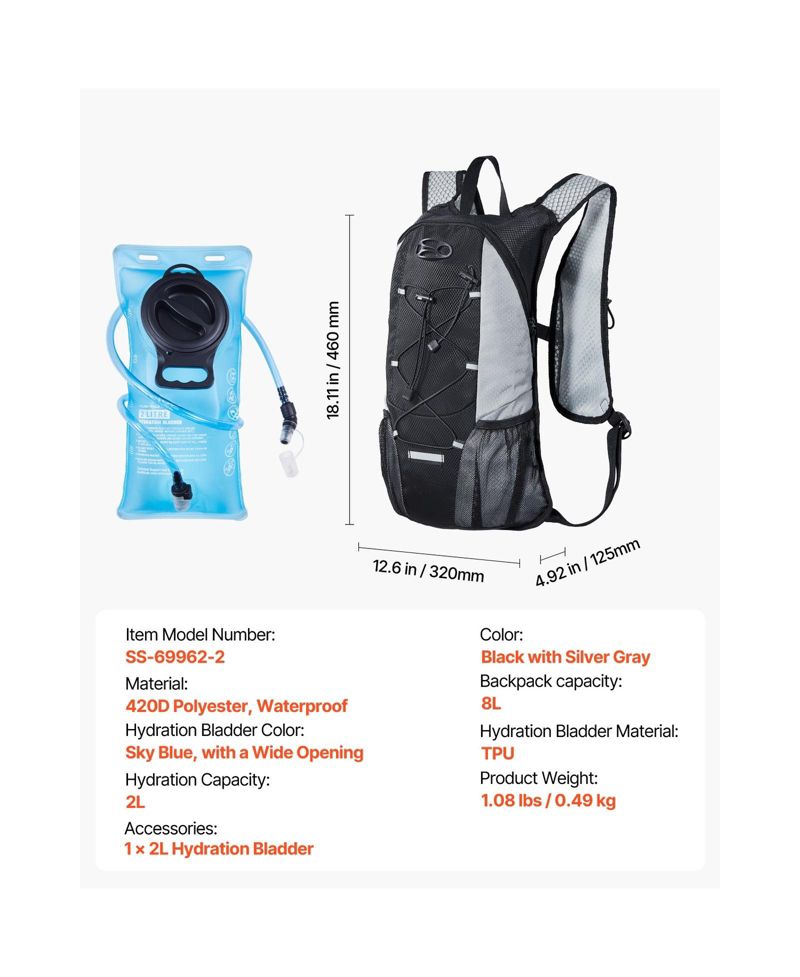 Hydration Backpack with 2L TPU Water Bladder, Lightweight 8L Hiking Daypack for Running and Cycling