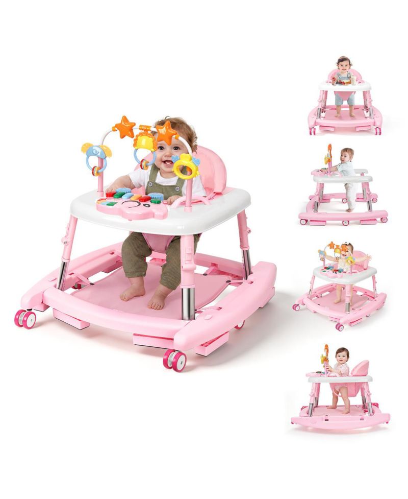 5-in-1 baby walker with adjustable height, activity panel and foldable design