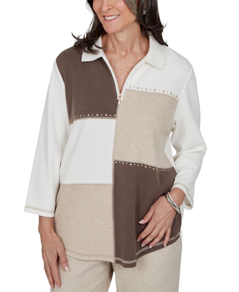 Petite Half-Zip 3/4-Sleeve Colorblock Pullover Sweater