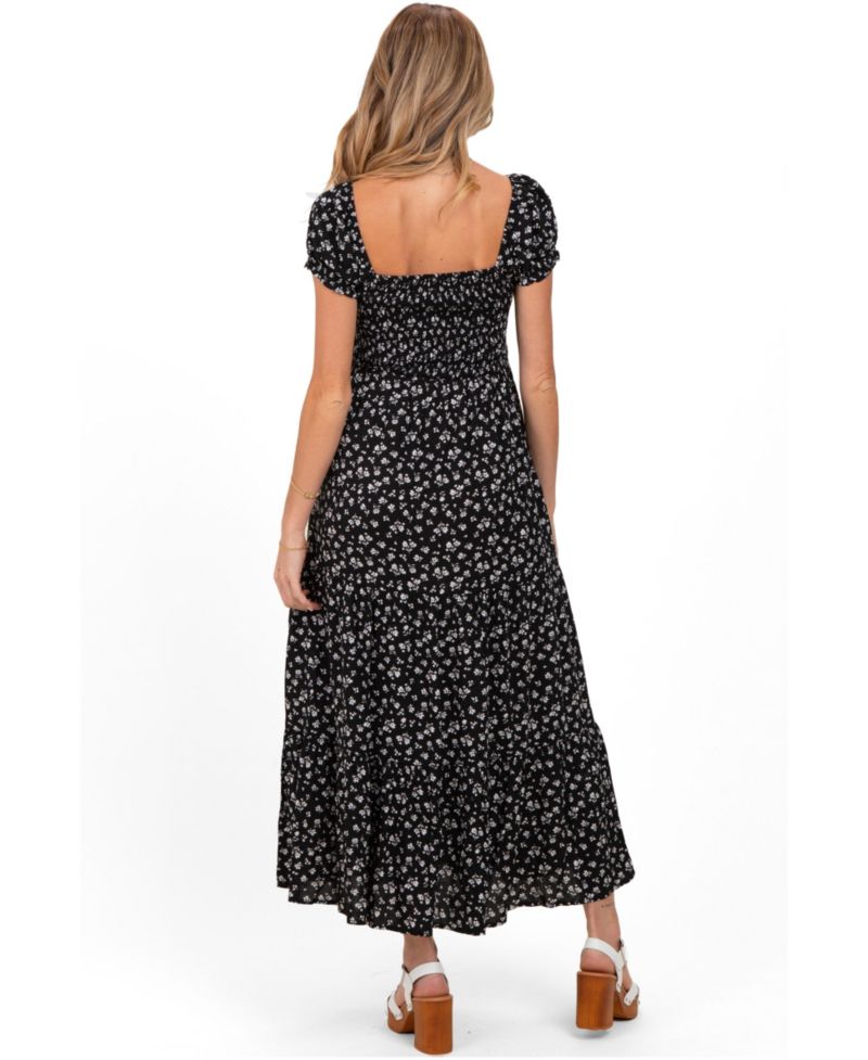 Women's Black Floral Smocked Puff Sleeve Maxi Dress