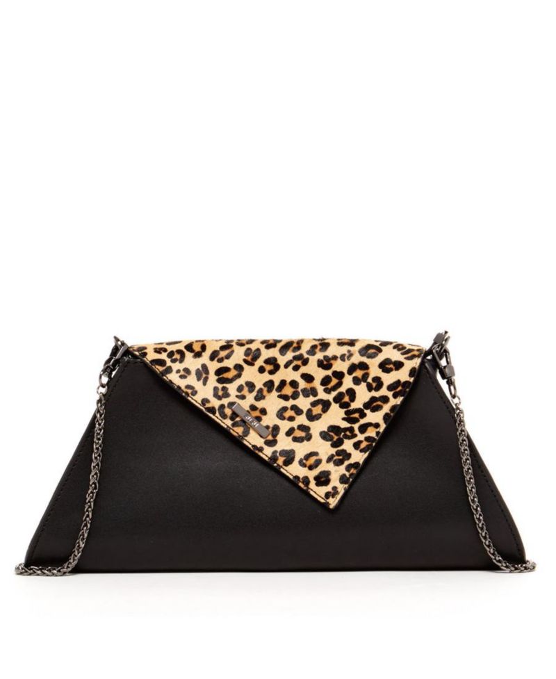 Black Leather Clutch Bag Leopard Unique Evening Purse Women's Handbag