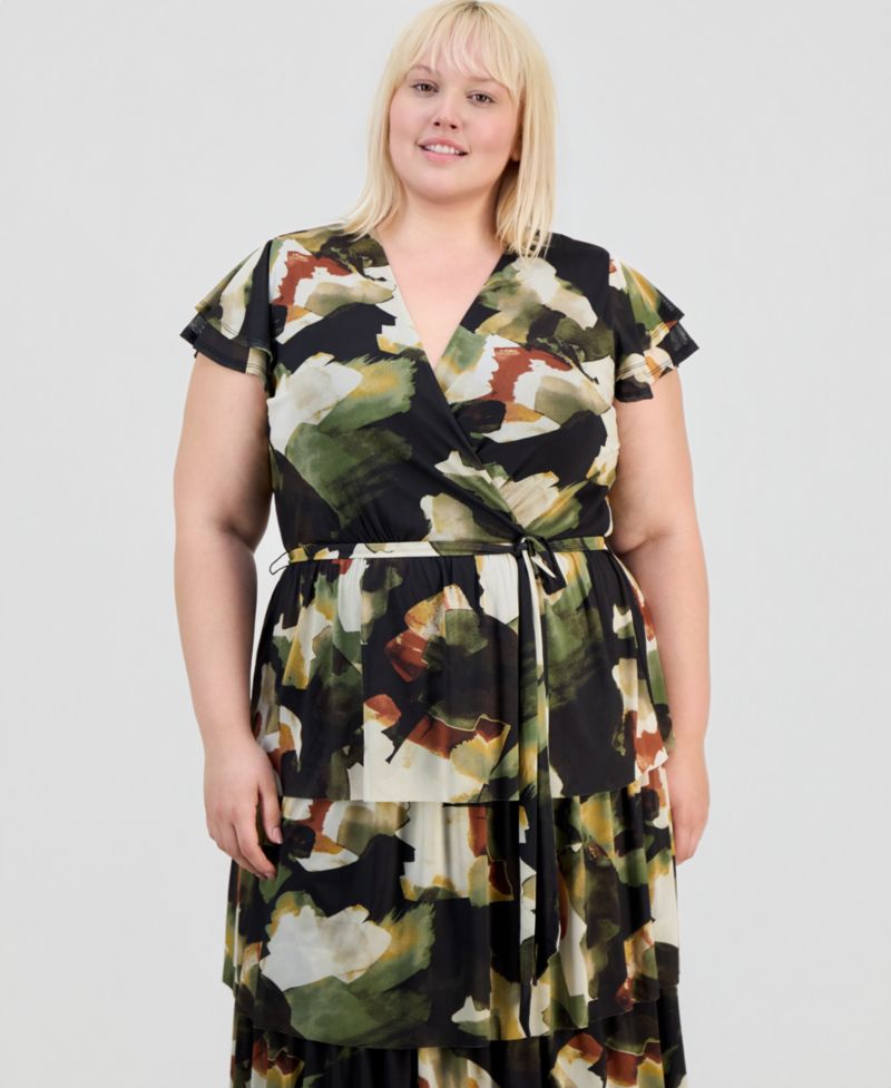 Plus Size Printed Tiered V-Neck Midi Dress
