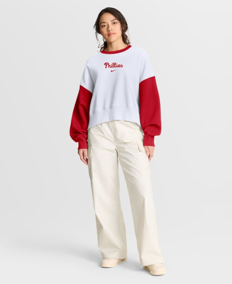 Women's White/Red Philadelphia Phillies Oversized High Hip Fleece Sweatshirt