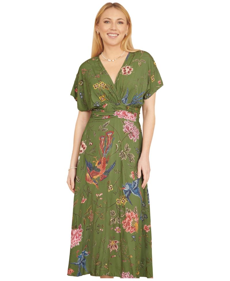 Women's Ruched Waist Kimono Sleeve Midi Dress