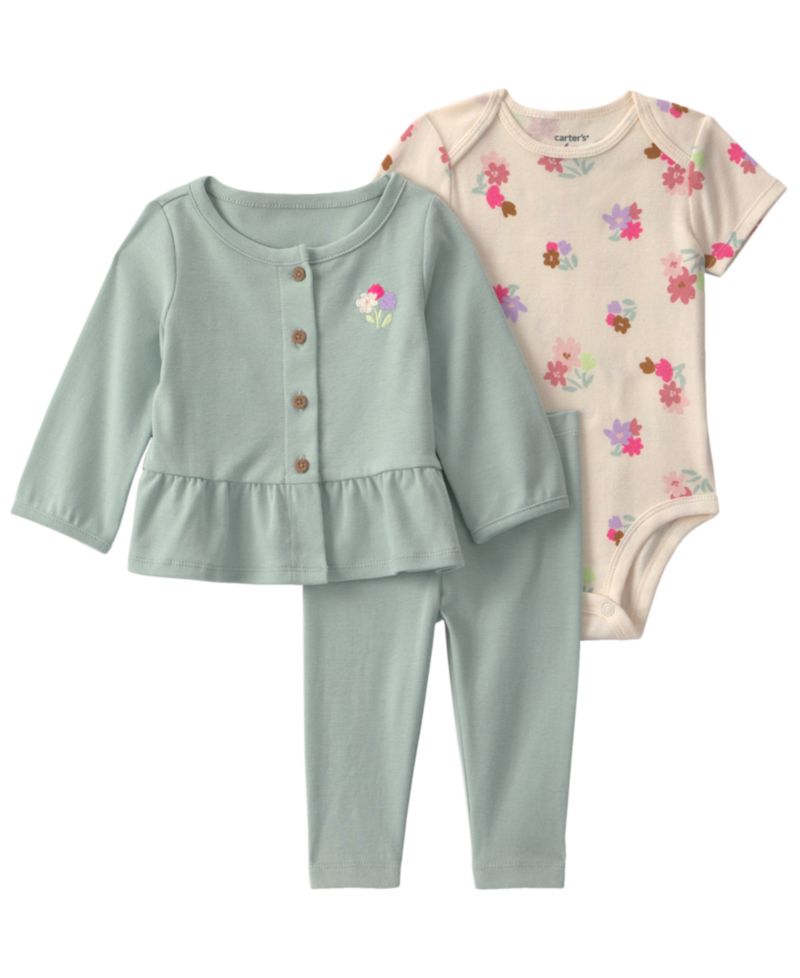 Baby Girls' Floral Layering Long-Sleeve Top, Bodysuit and Pant, 3-Piece Set