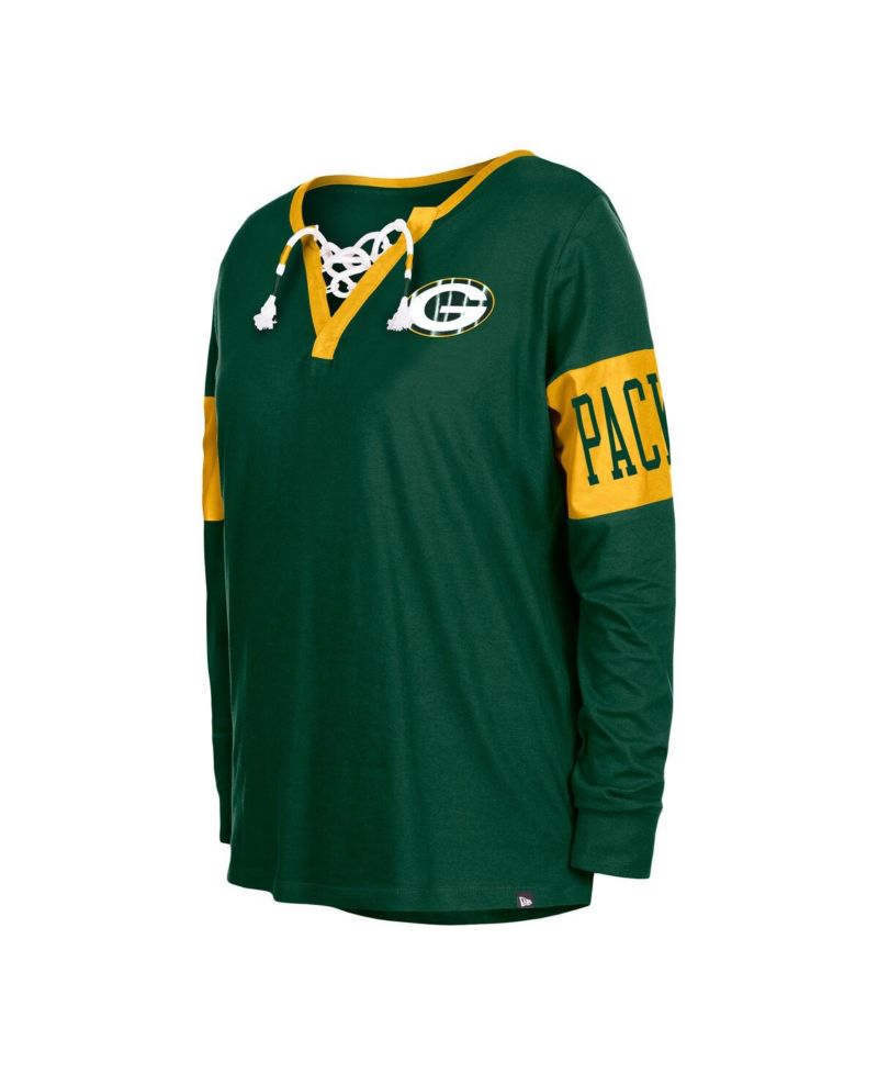 Women's Green Green Bay Packers Lace-Up Notch Neck Long Sleeve T-shirt