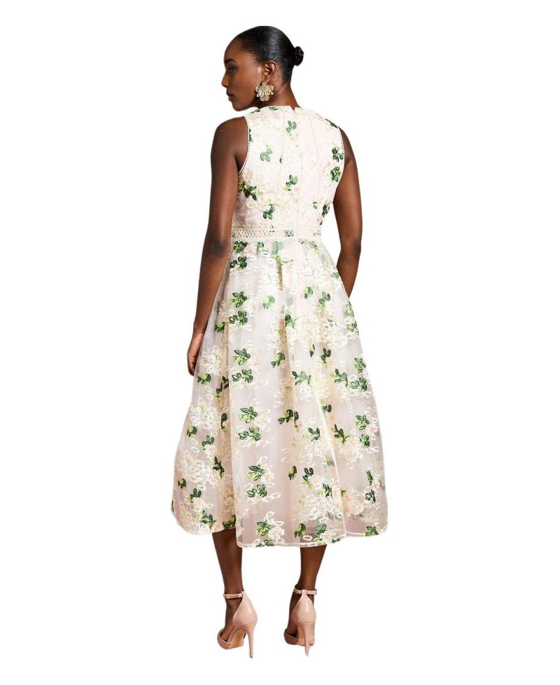Women's Embroidered Mesh Lace Skirted Midi Dress