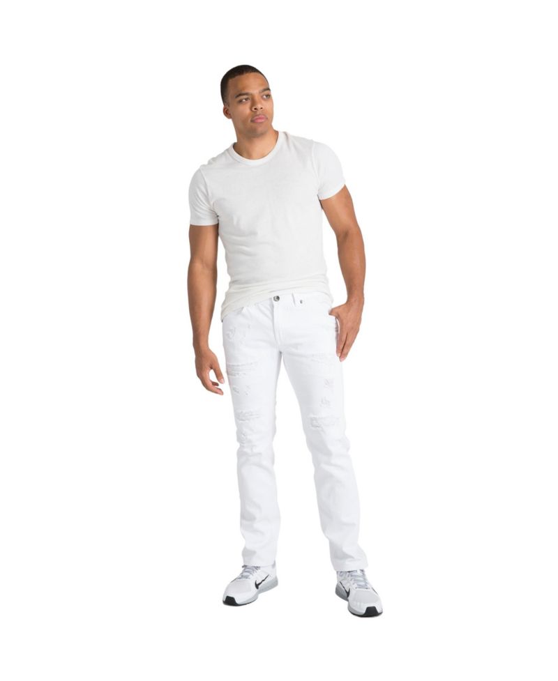 Men's Slim Straight Distressed Mended Premium Cargo White Jeans