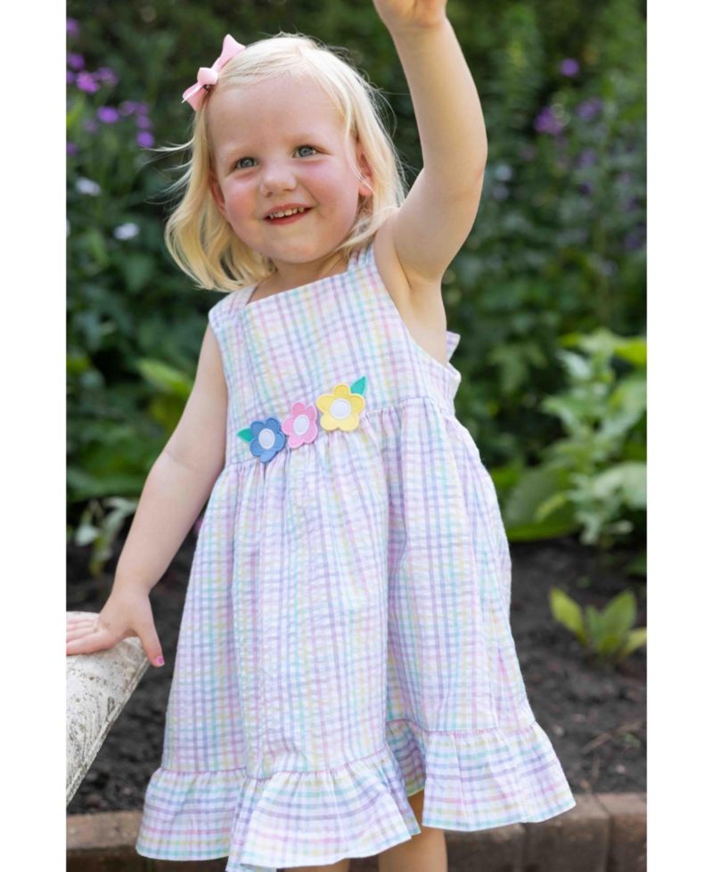 Little Girls Plaid Seersucker Dress With Flowers