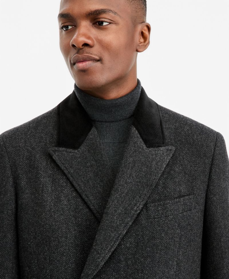 Men's Modern-Fit Herringbone Charcoal Overcoat