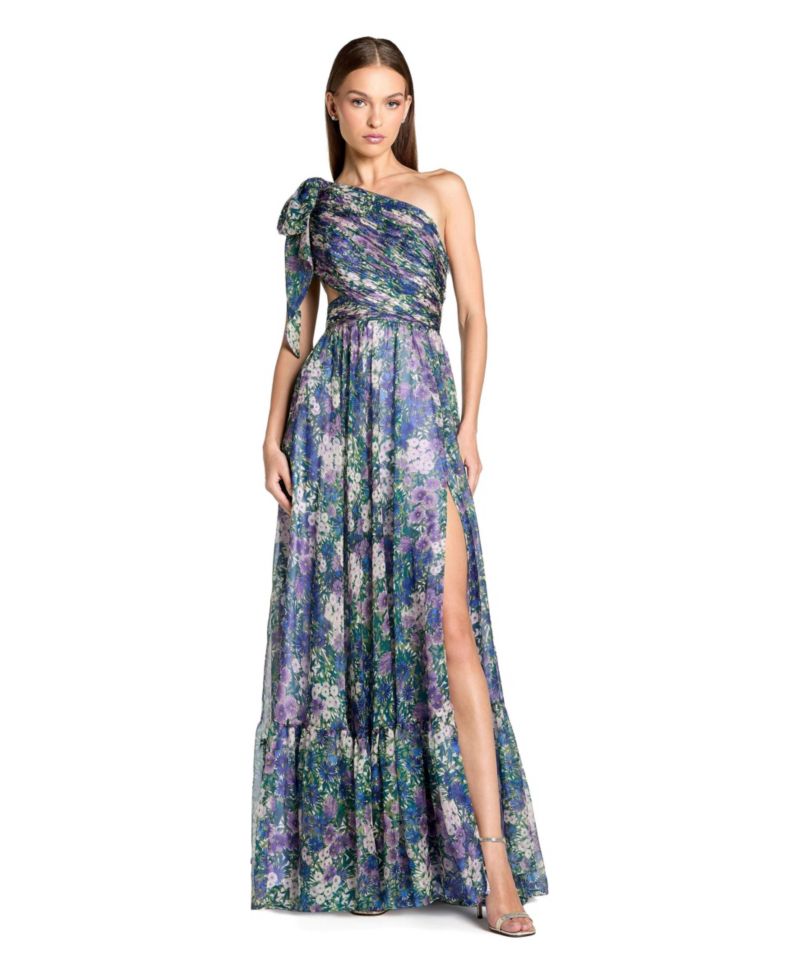 Petite One-Shoulder Floral Printed Chiffon Cutout Gown