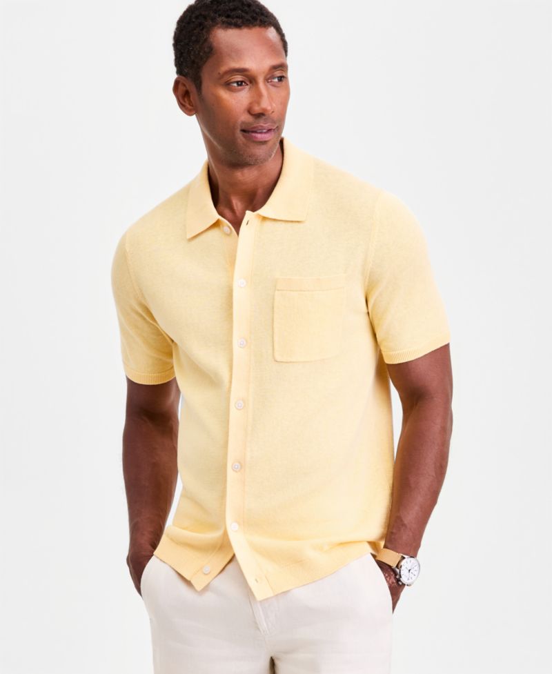Men's Short-Sleeve Linen and Cotton Button Sweater Polo Shirt