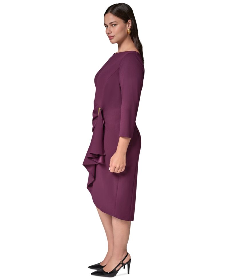 Petite Long-Sleeve Boat-Neck Side Cascade Ruffle Dress