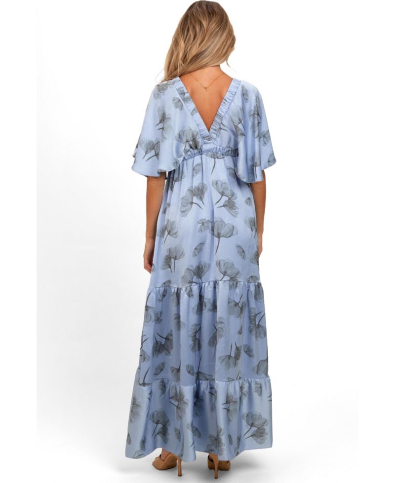 Maternity Floral Satin Deep V-Neck Maxi Dress