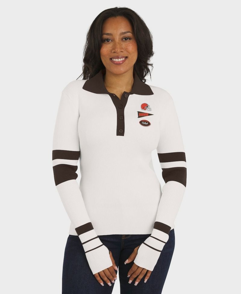 Women's White Cleveland Browns Ribbed Henley Polo Sweater