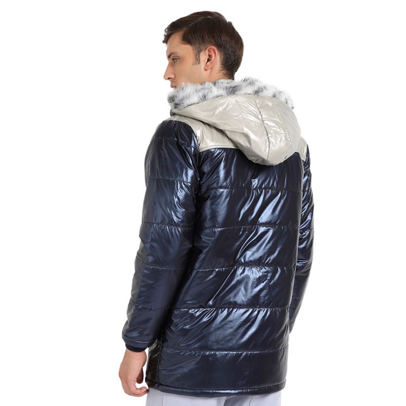 Men's Blue and Beige Zip-Front Puffer Jacket With Faux Fur Detail