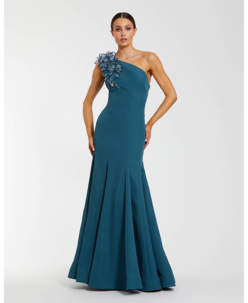 Women's 3D Flower Details With Crepe One Shoulder Evening Gown
