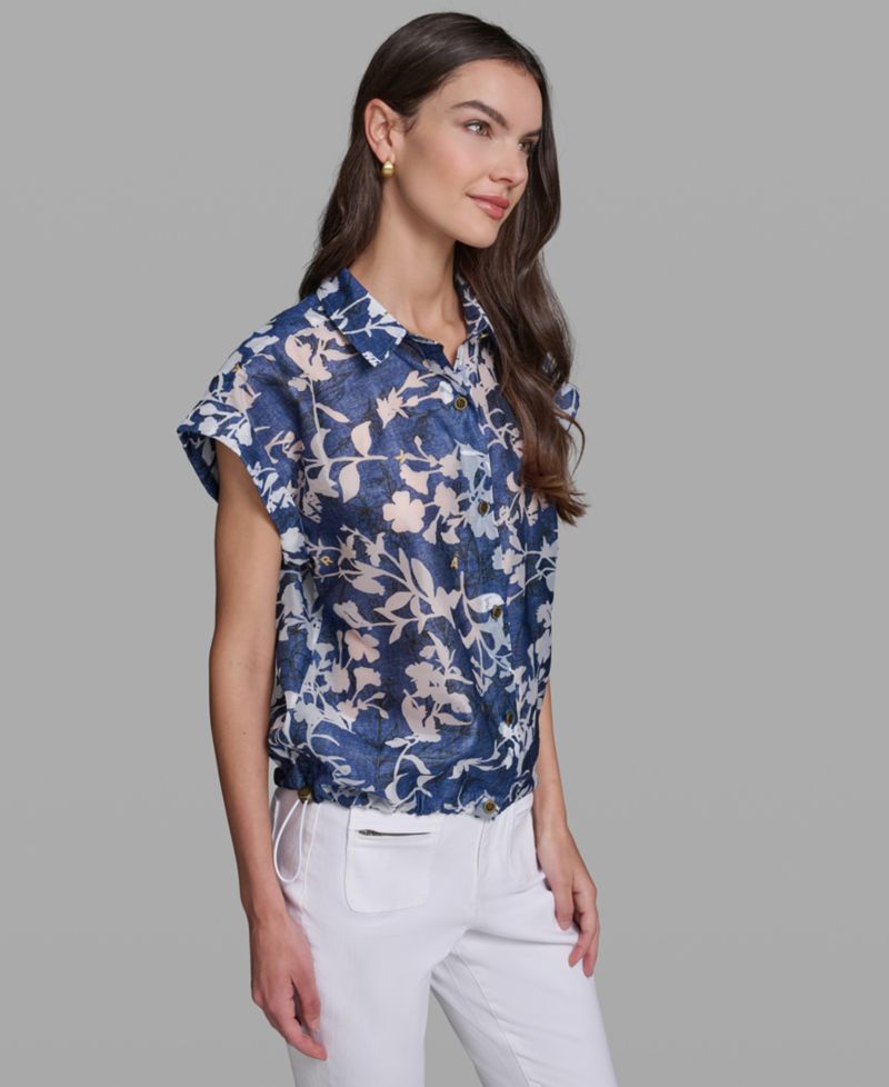 Petite Printed Collared Neck Bungee Top