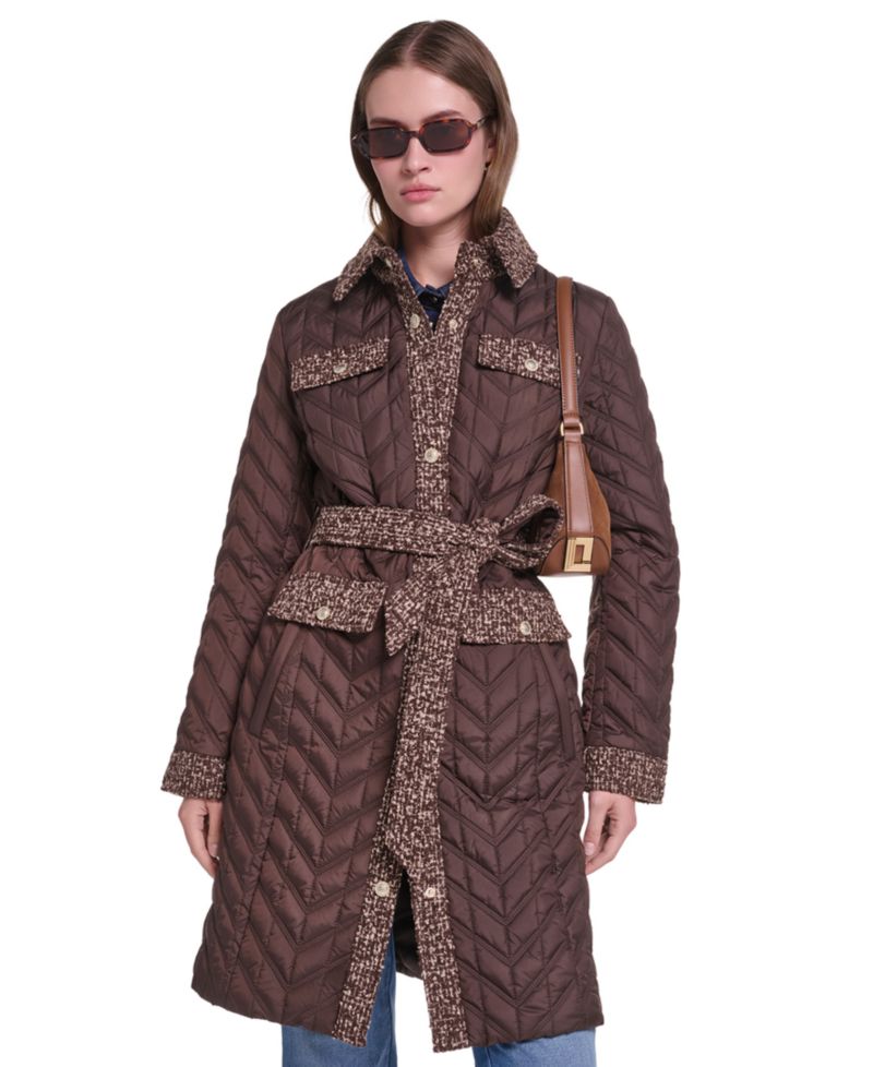 Women's Long Quilted Tweed-Trim Coat