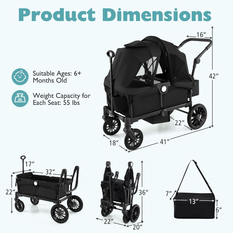 2-Seater Collapsible Kids Wagon Stroller with Push Pull Handle and Adjustable Bar