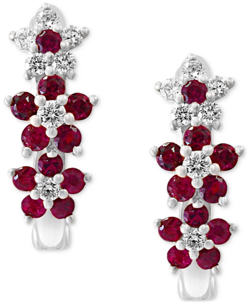 Ruby (1/3 ct. t.w.) & Diamond (1/8 ct. t.w.) Extra-Small Flower Hoop Earrings in 14k Yellow Gold, 0.15" (Also available in Sapphire)