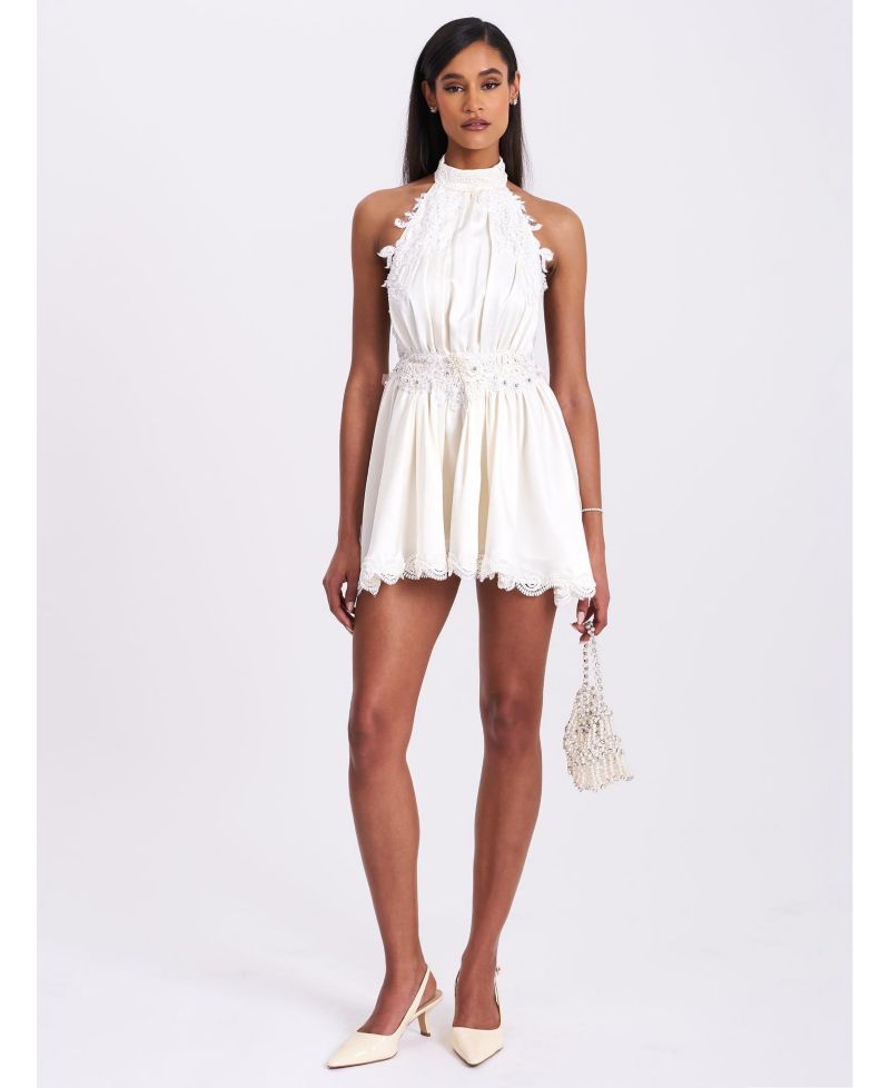 Women's Idalia Beaded Lace Trim Backless Halter Mini Dress