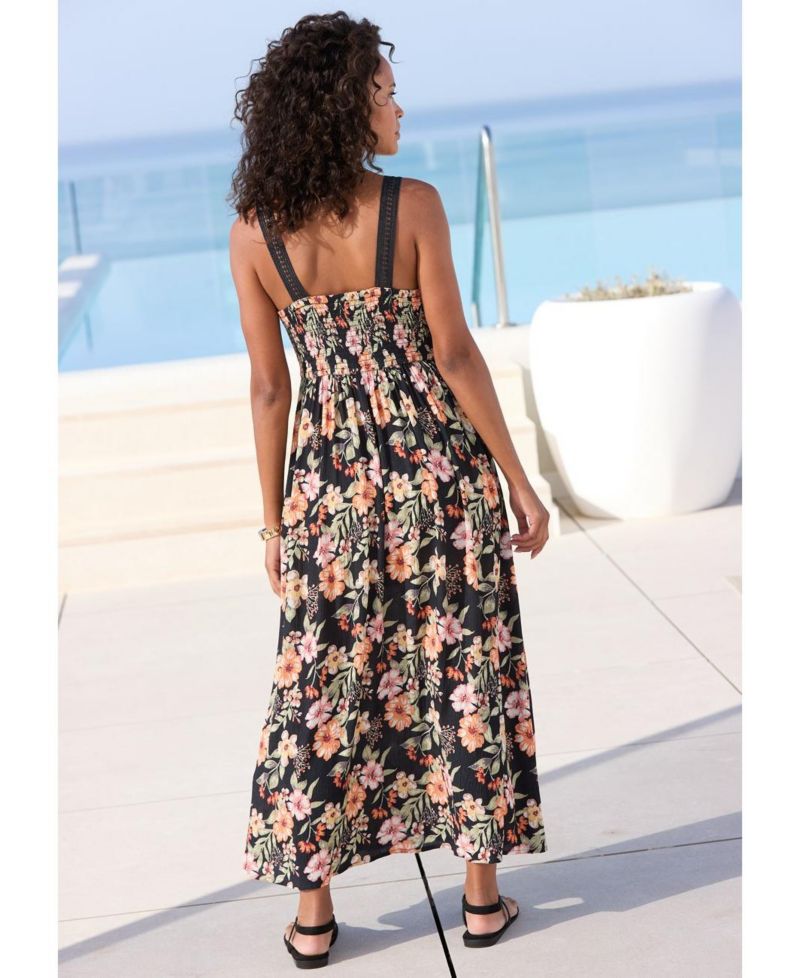 Women's Viscose Floral Print Crochet Detail A-Line V-Neck Maxi Dress