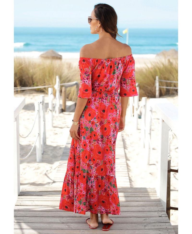 Women's Viscose Printed Off Shoulder Elastic-Waist Maxi Dress