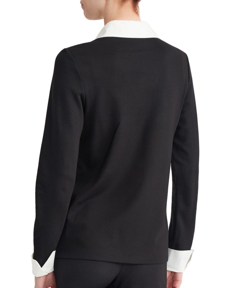 Plus Size Twofer Long-Sleeve Collared V-Neck Woven-Cuff Blouse