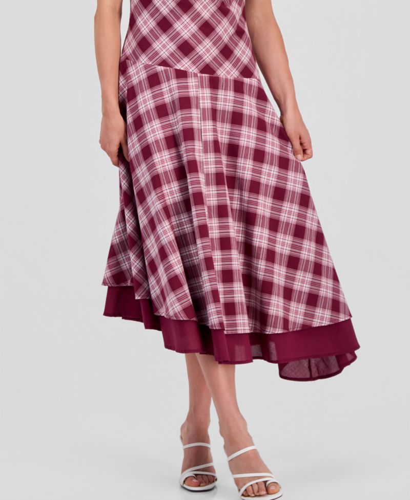 Petite Plaid Asymmetrical Short-Sleeve Maxi Dress