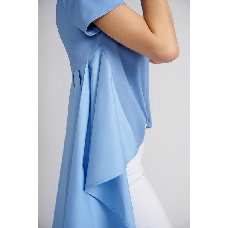 Women's Piper High Low Short Sleeve Top with Cotton Knit Cropped Bodice and Polished Cotton Long Peplum