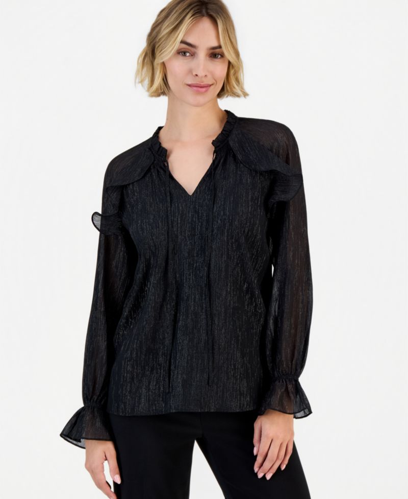 Women's Ruffle Raglan Long-Sleeve V-Neck Chiffon Blouse