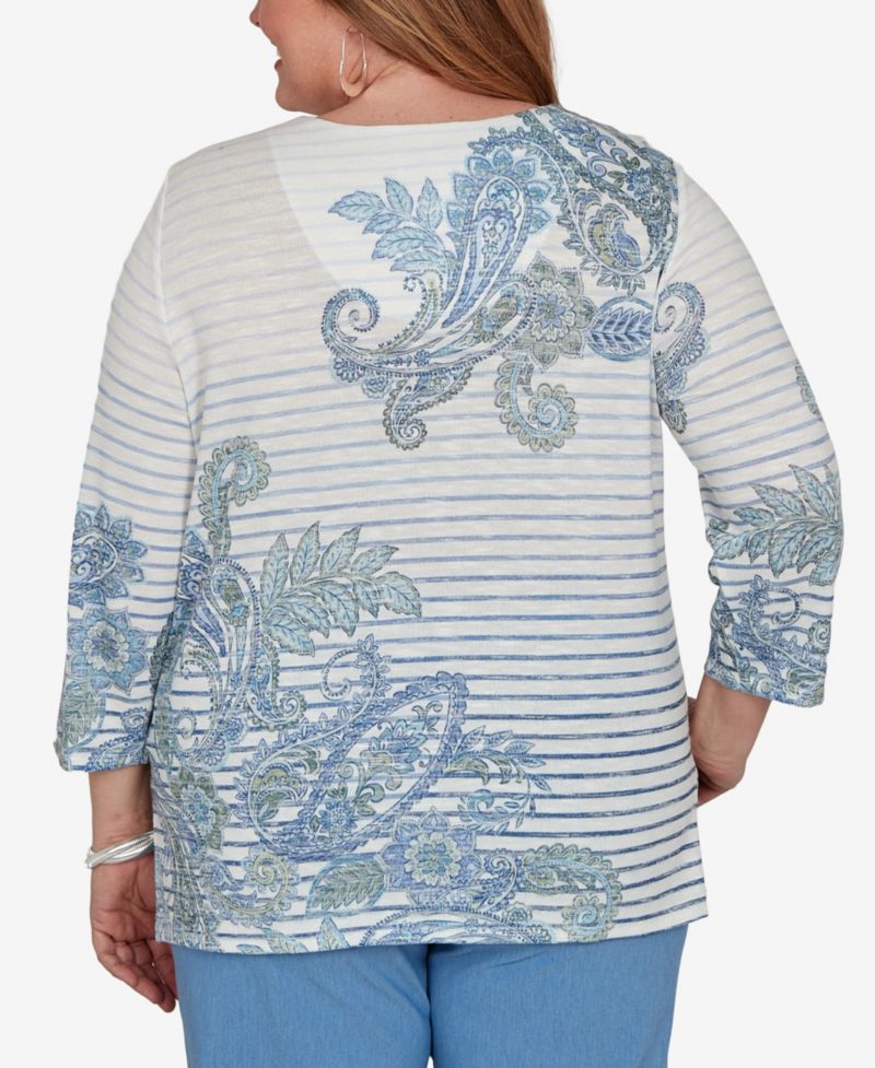 Plus Size Provence Paisley Stripe 3/4-Sleeve Split-Neck Blouse