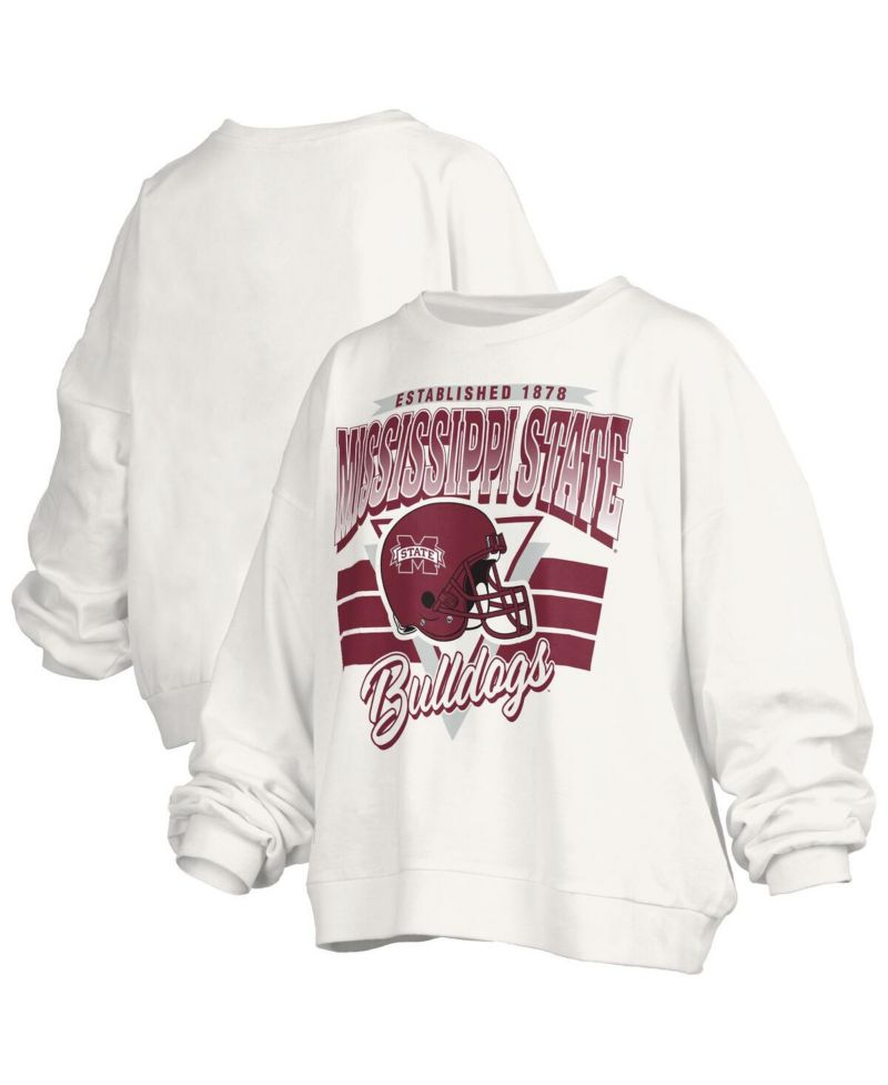 Women's White Mississippi State Bulldogs Oversized Janice Retro Waist-Length Pullover Sweatshirt