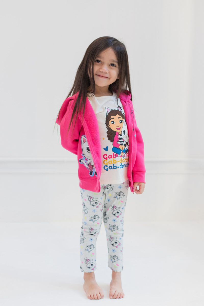 Little Girls Dreamworks Gabbys Dollhouse Pandy Paws Zip Up Fleece Hoodie Graphic T-Shirt and Leggings 3 Piece Outfit Set Toddler|Child