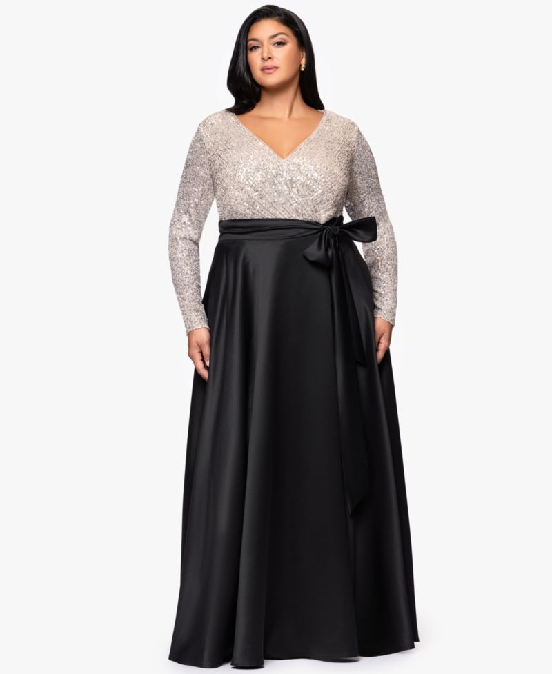 Plus Size Long Sleeve Sequin Ballgown Skirt Dress