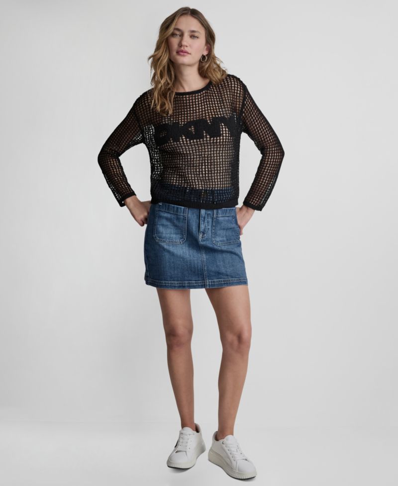 Petite Long-Sleeve Pointelle Crochet Open-Stitch Boat Neck Logo Sweater