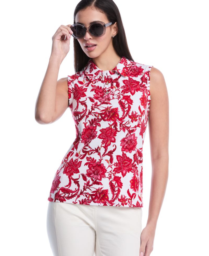 Petite Botanical Print Ruffle Trim Sleeveless Polo Shirt