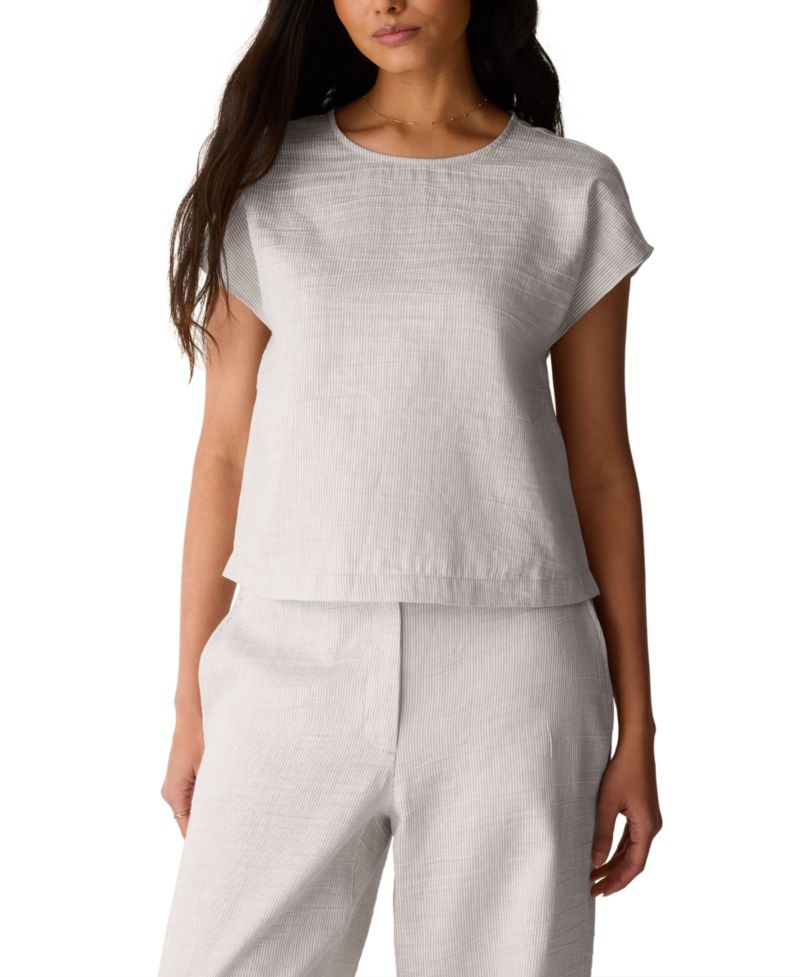 Women's & Plus Size Crinkle Round Neck Striped Square Top
