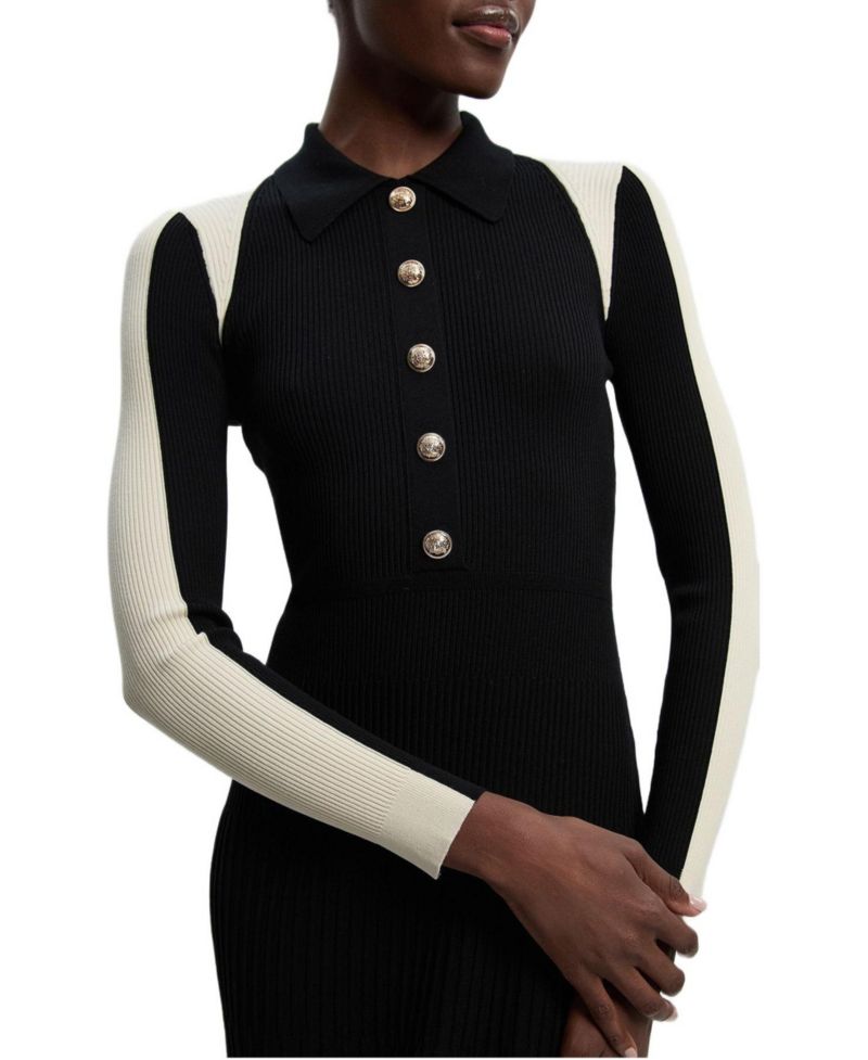 Women's Rib Knit Long Sleeve Military Midi Dress