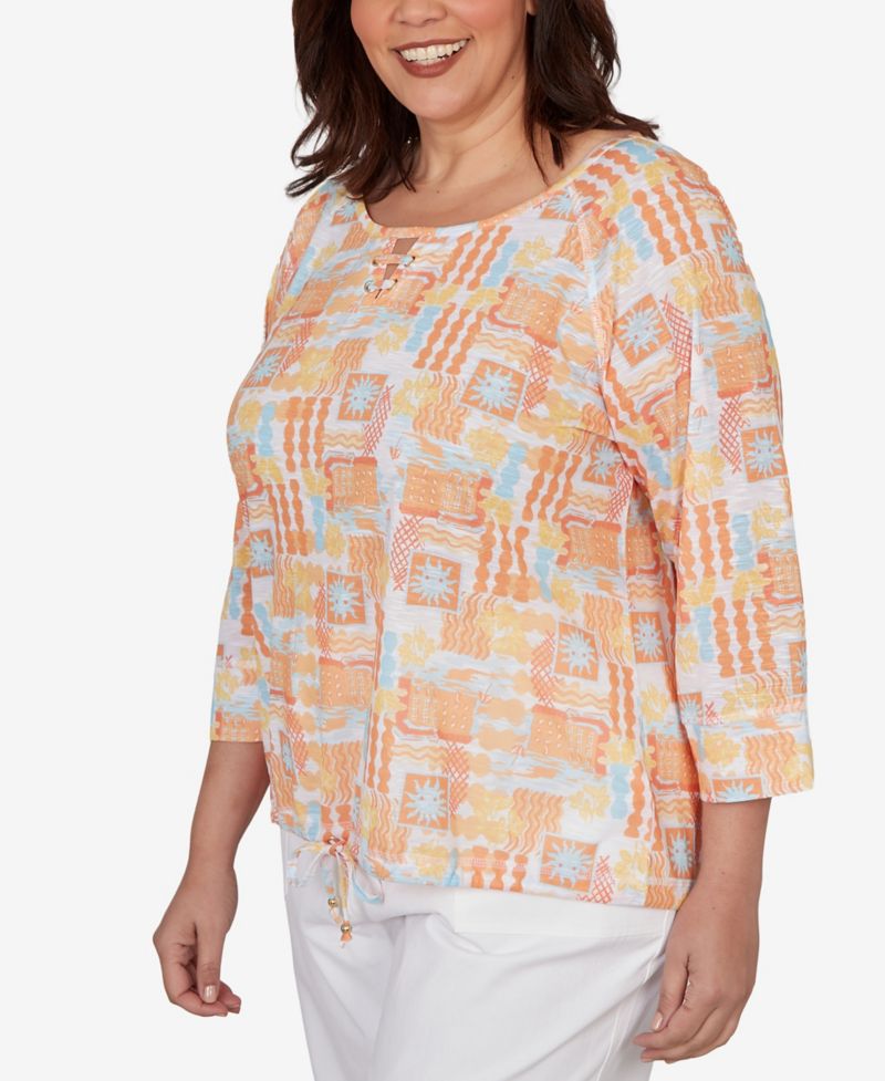 Plus Size Printed Slub Blouson Top with Three-Quarter-Sleeve