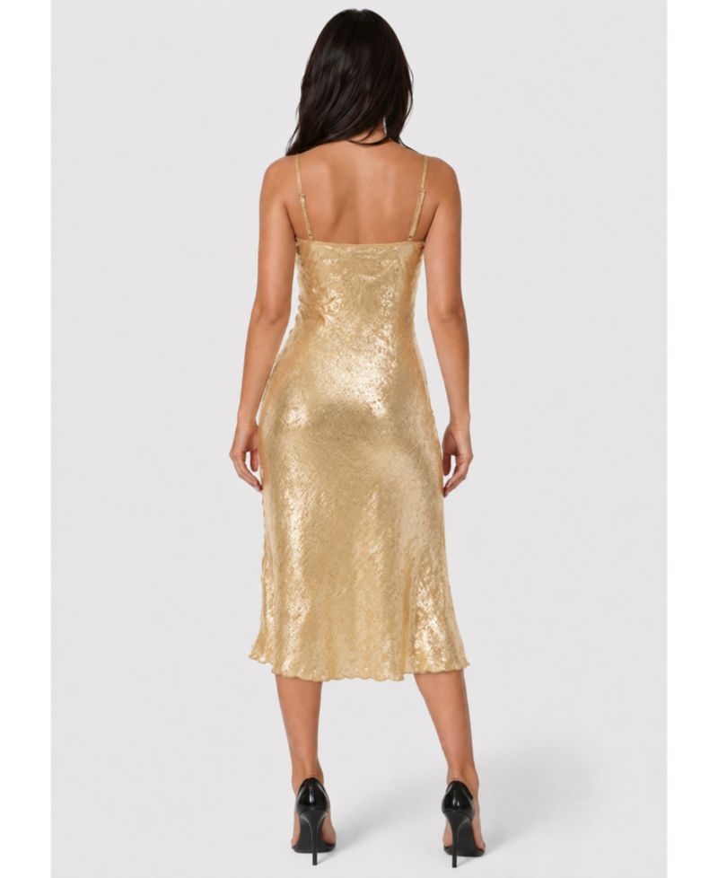 Women's Foil Finish Cowl Neck Midi Slip Dress