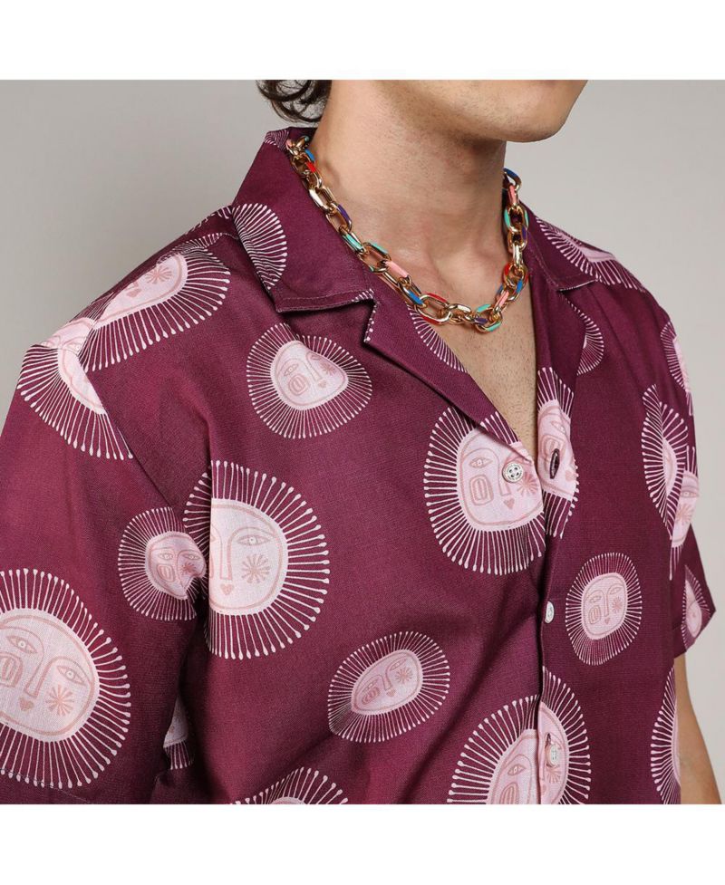 Men's Wine Red Relaxed Face Shirt