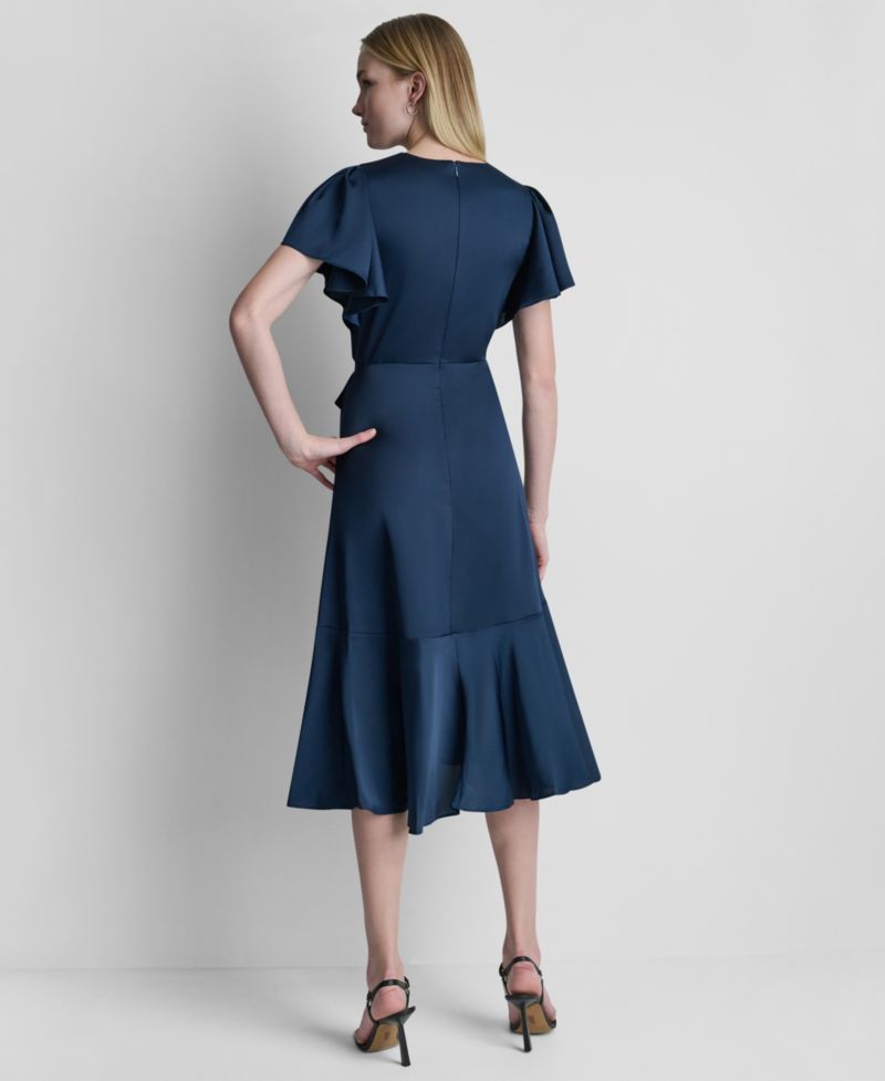 Women's Side Tie Faux Wrap Midi Dress
