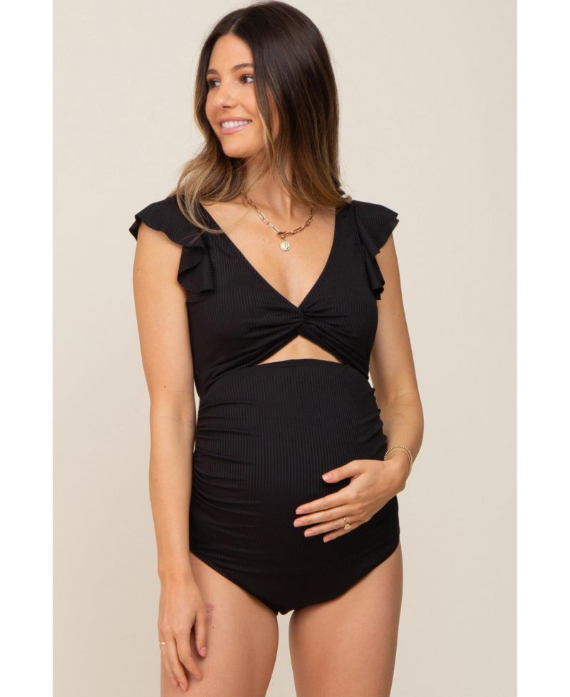 Women's Black Ribbed Cutout Flutter One Piece Swimsuit