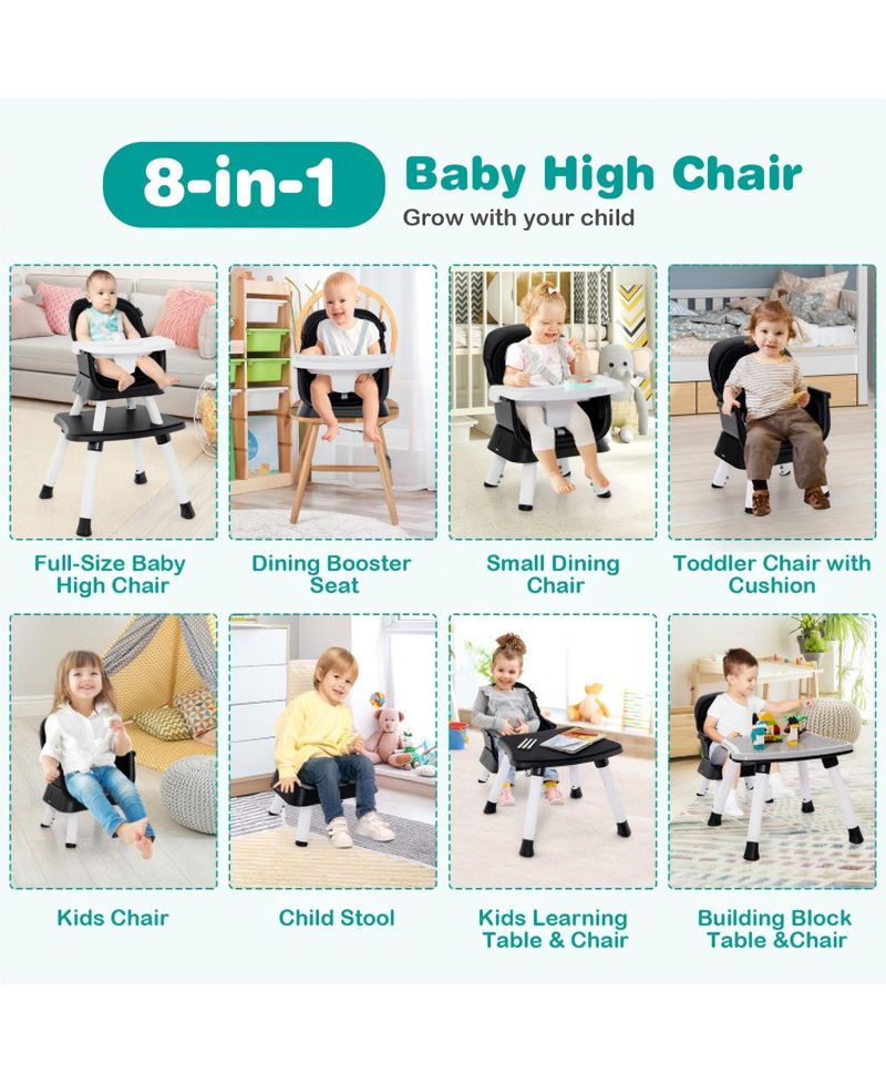 Baby Convertible 8-in-1 Baby Feeding Chair with Dual-Side Tabletop and Booster Seat