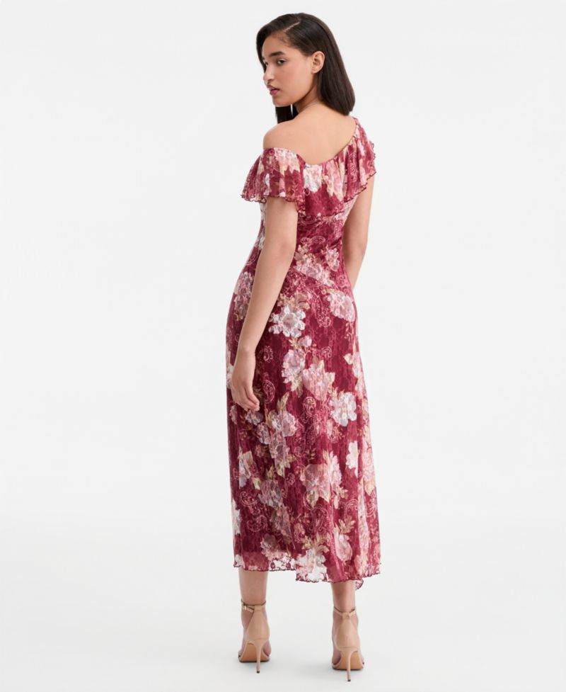 Juniors' Floral Printed Lace One-Shoulder Ruffle Midi Dress
