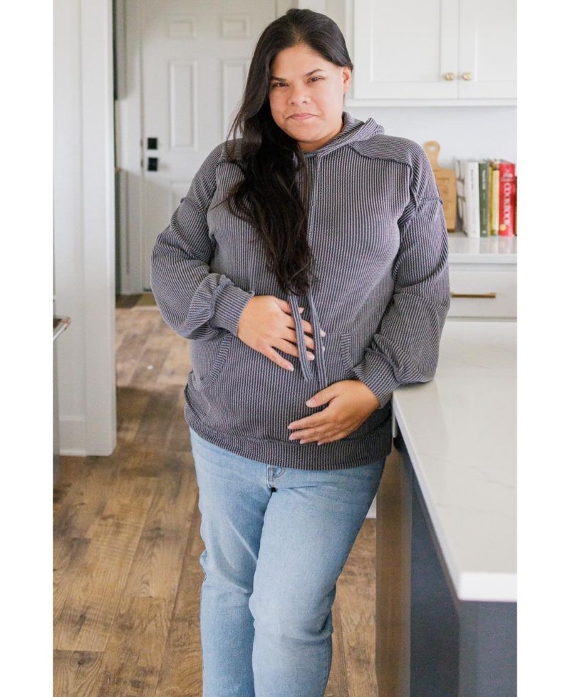 Women's Charcoal Ribbed Front Pocket Drawstring Hoodie