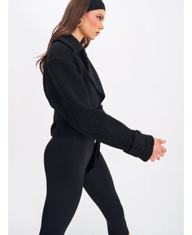 Women's Dara Black Wool Blend Cropped Double-Breasted Belted Coat