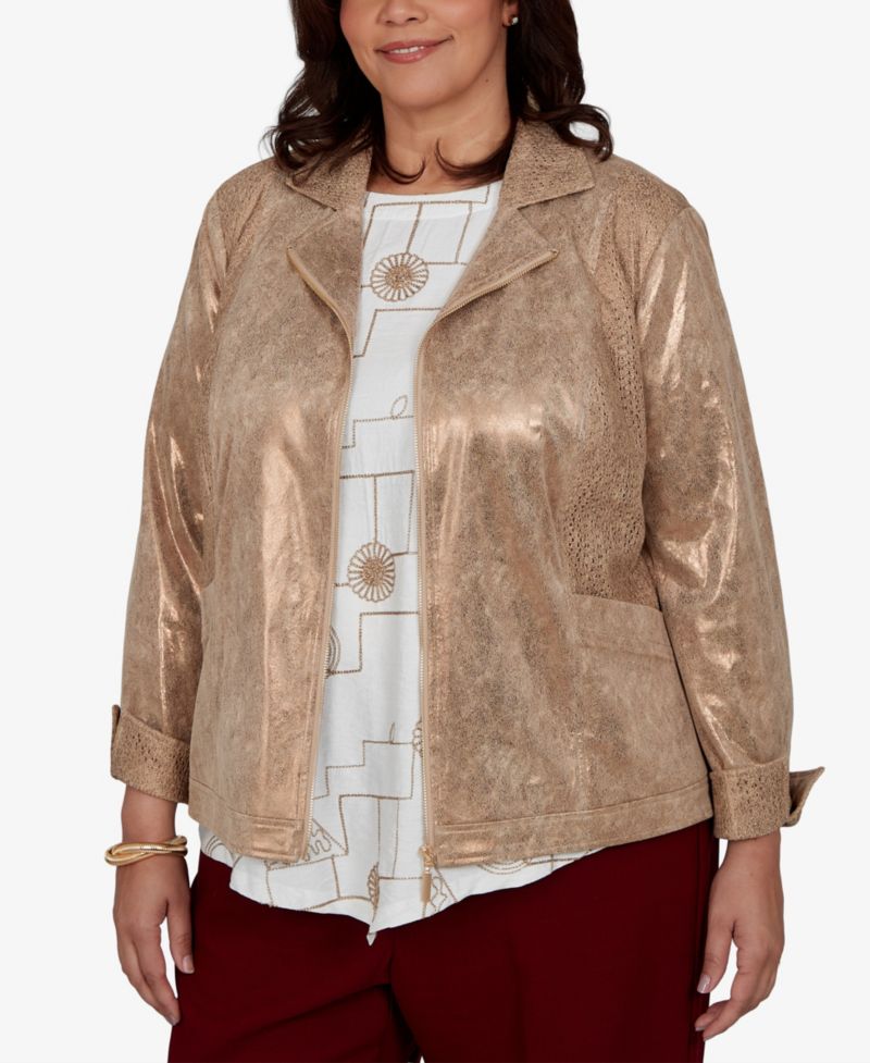Plus Size Union Square Mixed Media Knit Back 3/4-Sleeve Zip-Front Jacket